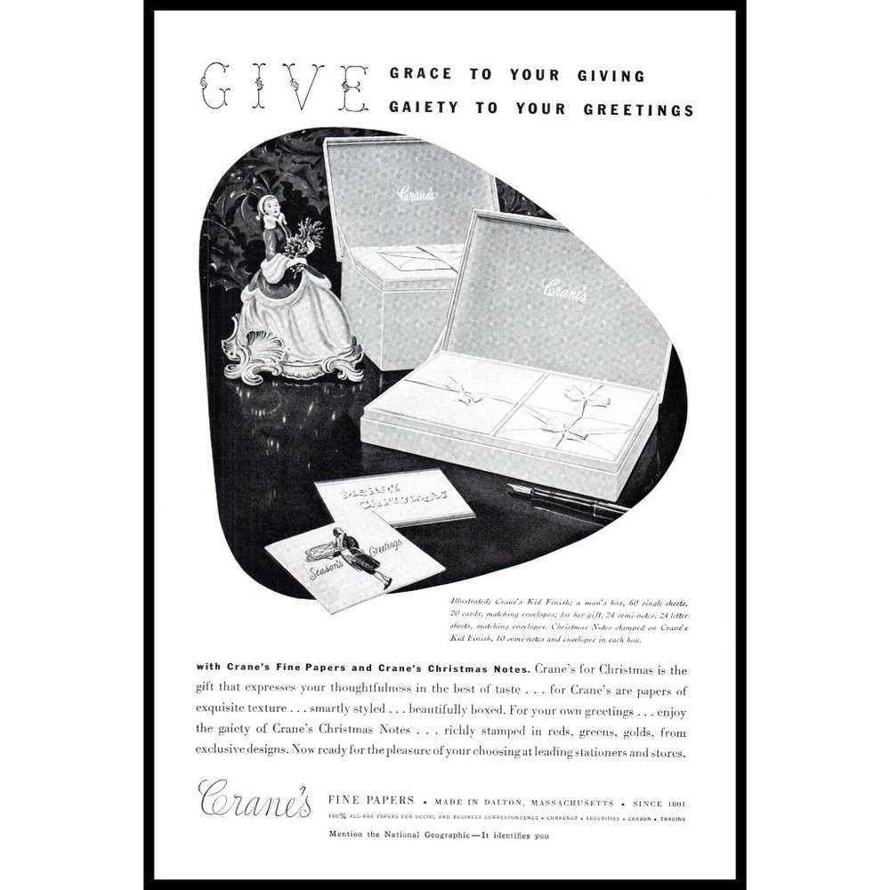 1953 Crane's Fine Papers Stationary Vintage Print Ad Dalton Mass Wall Art